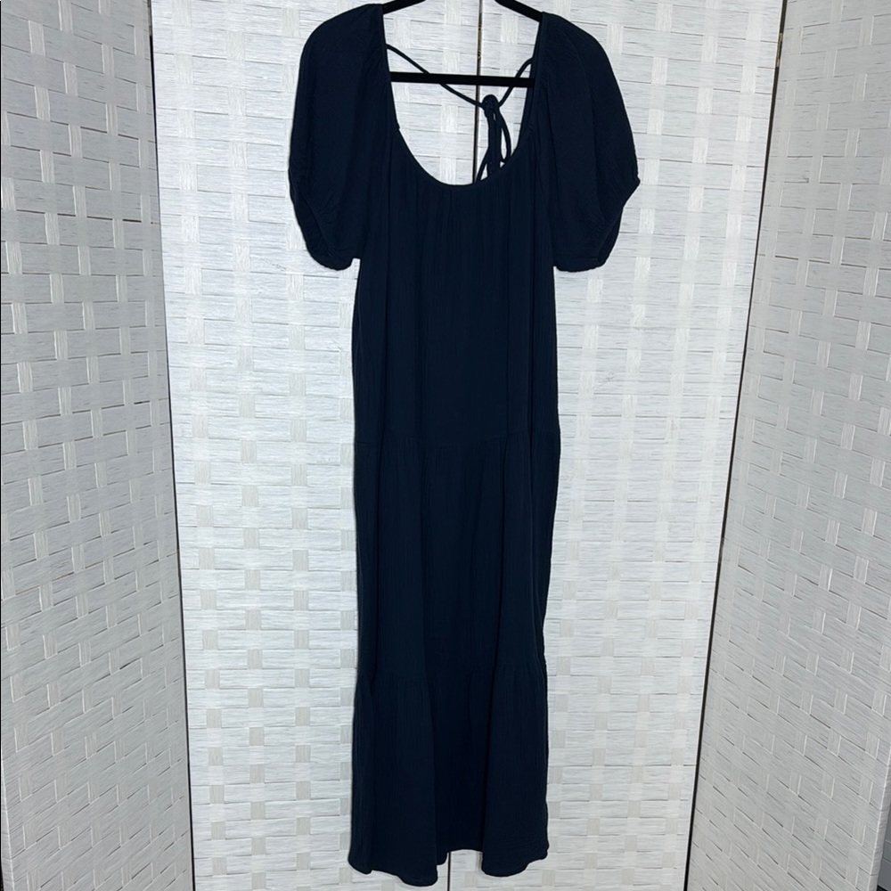 Socialite Navy Bubble‎ Sleeve Gauze Type Tiered Maxi Dress Size Large w/Back Tie